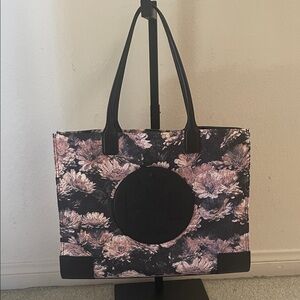 Tory Burch Black and Pink Floral Tote Bag